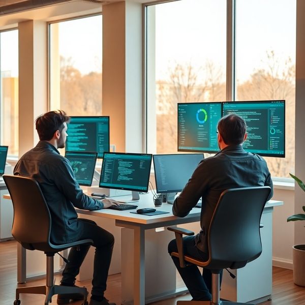 Four engineers at standing desks in a bright Oradea office with teal-accent monitors